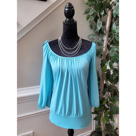 Cache Blouse Women's Size Large Blue Boat Neck Off-The-Shoulder Cold Shoulder - Picture 2 of 11